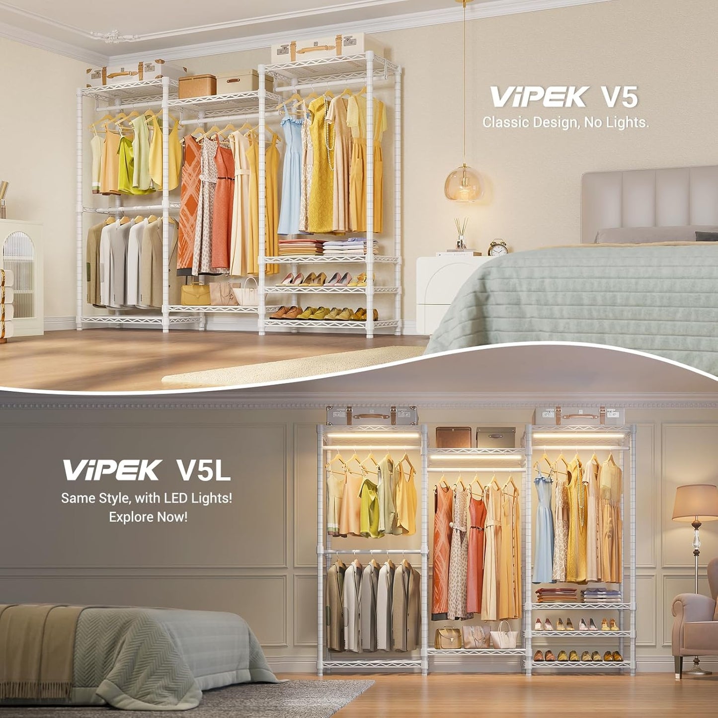 V5 Portable Closet Wardrobe Heavy Duty Clothes Rack, Freestanding Clothing Racks with 4 Hang Rods & 8 Shelves, Adjustable Custom Closet Racks, 68.9" L X 15.7" W X 76.4" H, Max Load 800LBS, White